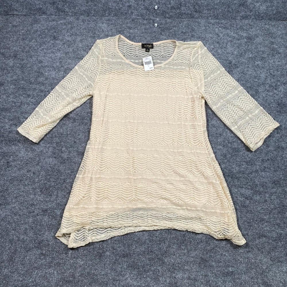 Cal Style USA Womens Tr Stripe Lace Tee Cream 3/4 Sleeve Scoop Neck L D8082B NWT